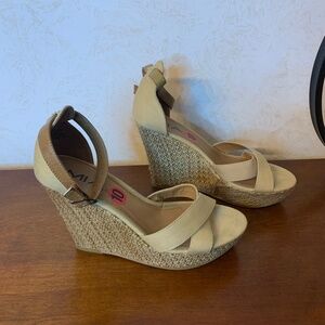 Mia Beige and Tan Sandal Wedge Heels, Size 10
